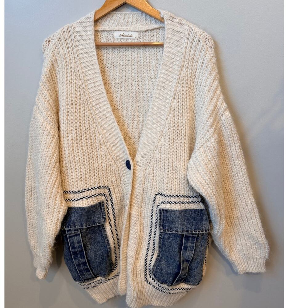 Handmade-Inspired Cream Knit Cardigan with Denim Patch Pockets